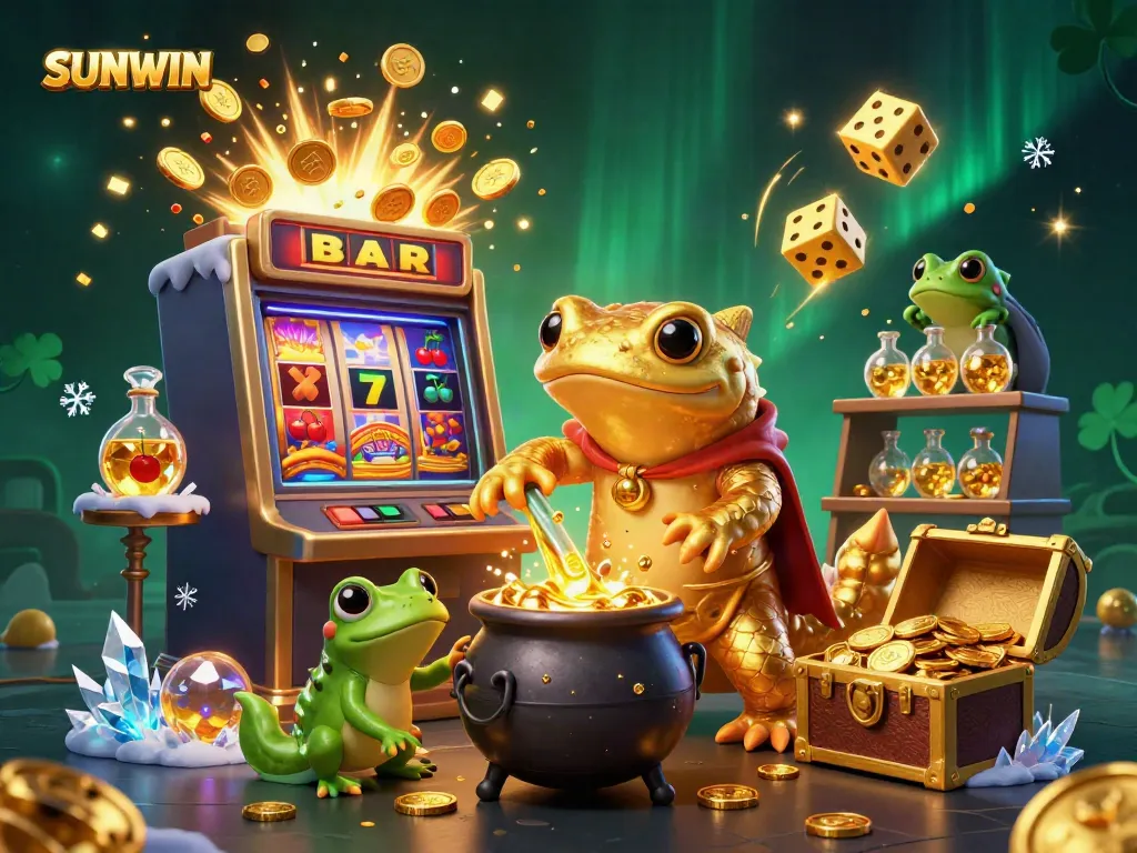 Experience SUNWIN with vibrant 3D illustration of a golden salamander alchemist in a casino setting.
