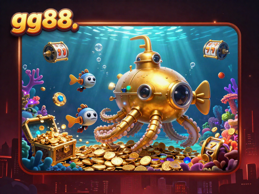 Play exciting games at gg88 with a detailed illustration of a kraken submarine and slot reels.