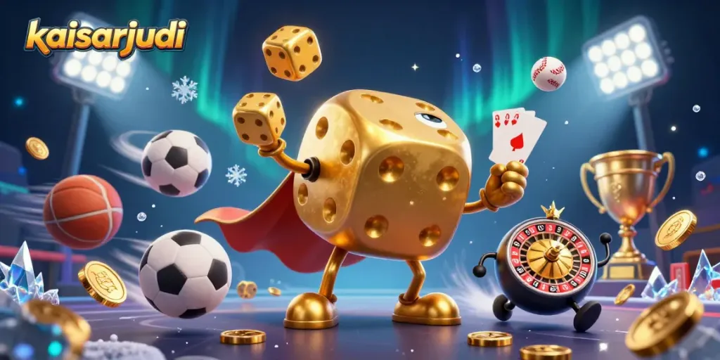 Spin and win with kaisarjudi in an energetic casino scene showcasing golden dice and sports elements.