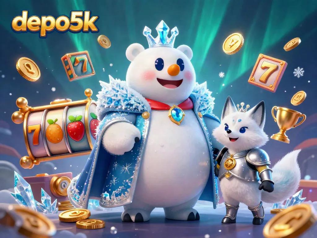 Engage with depo5k through a vibrant 3D scene of ice king and snow fox celebrating wins in a dynamic casino atmosphere.