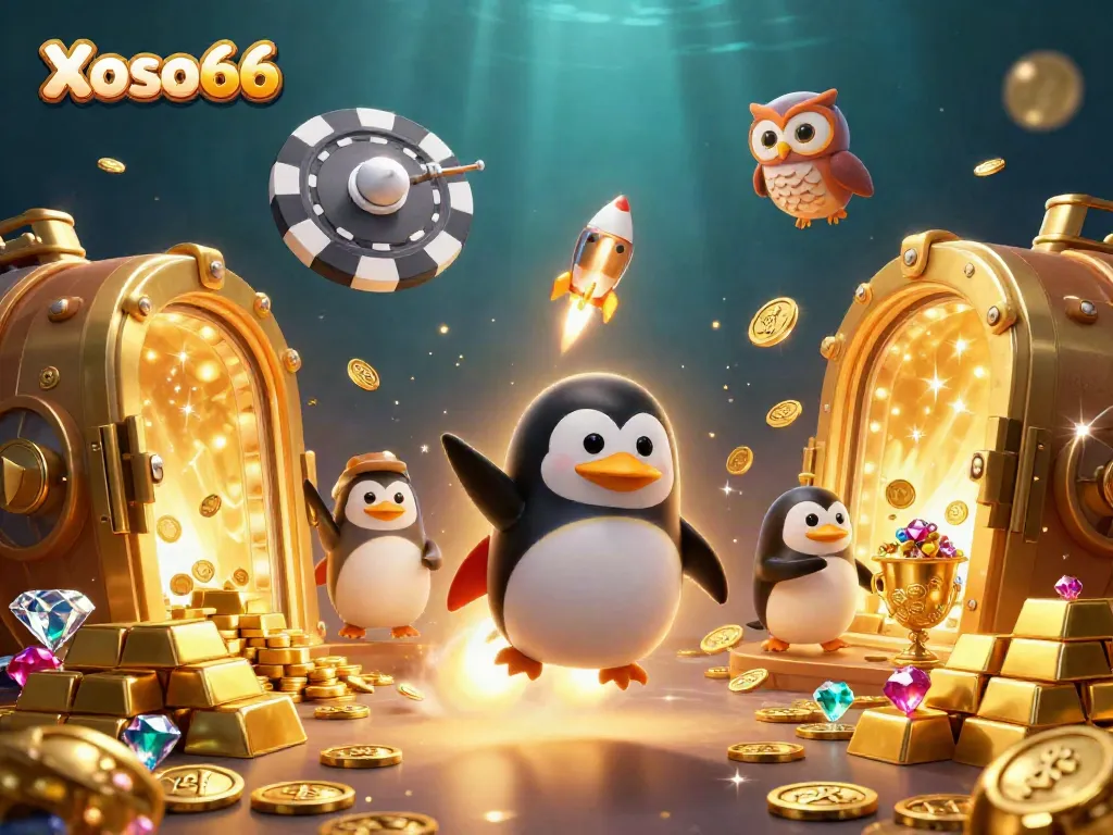 Experience thrilling wins with Xoso66 as a golden penguin navigates to a vibrant casino.