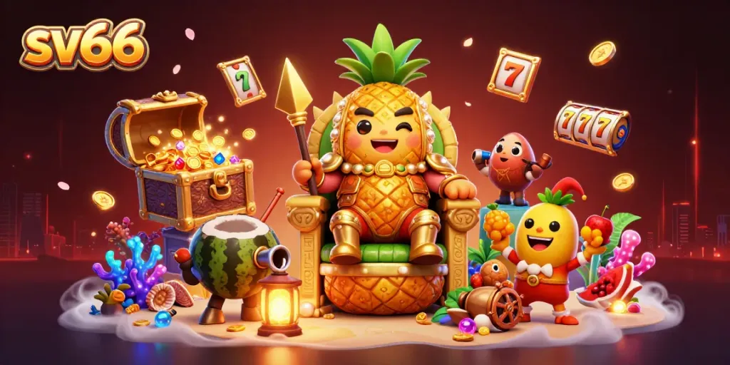 Engage in SV66's dynamic casino atmosphere with golden treasures and lively characters.