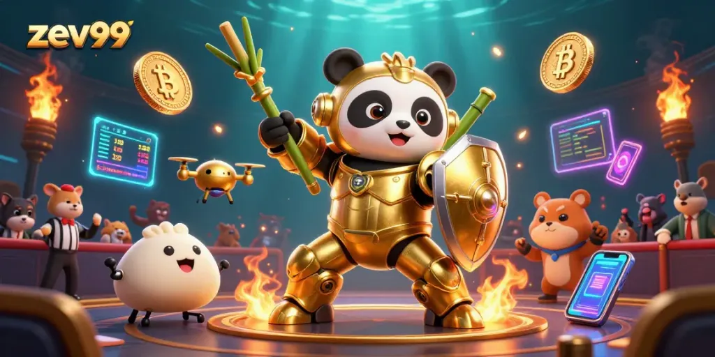 Zev99 promotes exciting online gambling with a golden panda robot in a lively casino arena.