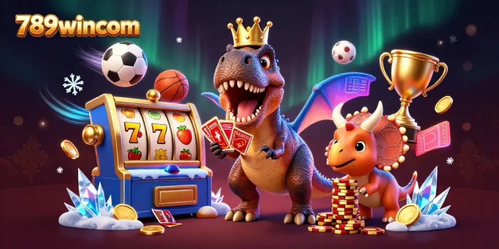 Engaging 3D illustration of 789wincom's lively T-Rex character shuffling cards amidst dynamic casino elements.