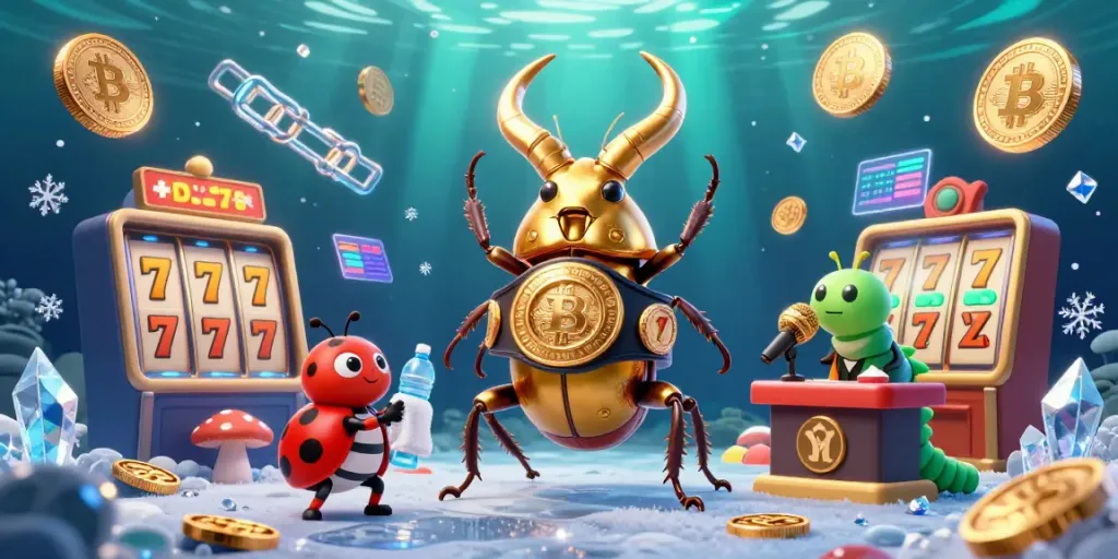 Engage in thrilling casino action with a vibrant scene of a giant golden stag beetle, symbolizing mitchell-food-drink, amid lively gaming elements.