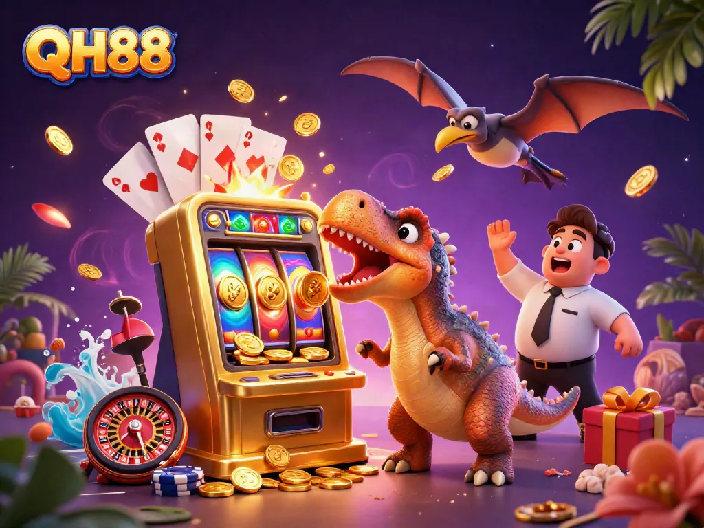 QH88 features a cartoon dinosaur winning at slots while coins fly everywhere, showcasing the thrill of gaming.