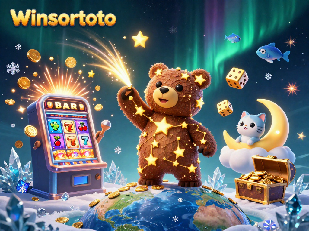 Memenangkan jackpot di winsortoto dengan mesin slot penuh koin dan karakter ceria.