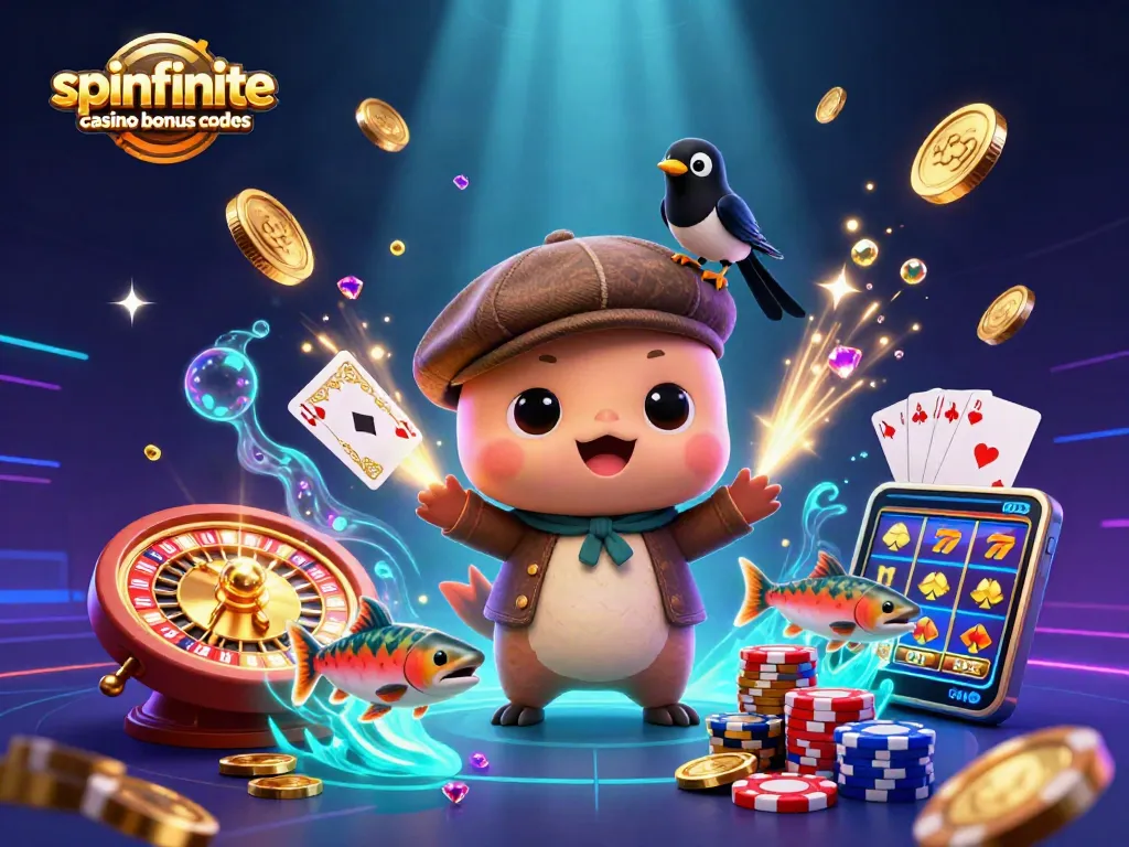 Spinfinite casino bonus codes offer a colorful 3D scene with characters and game elements thriving.