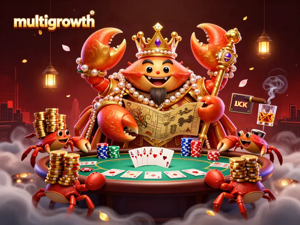 Join the multigrowth casino action with a golden crab emperor and vibrant game elements in a captivating scene.