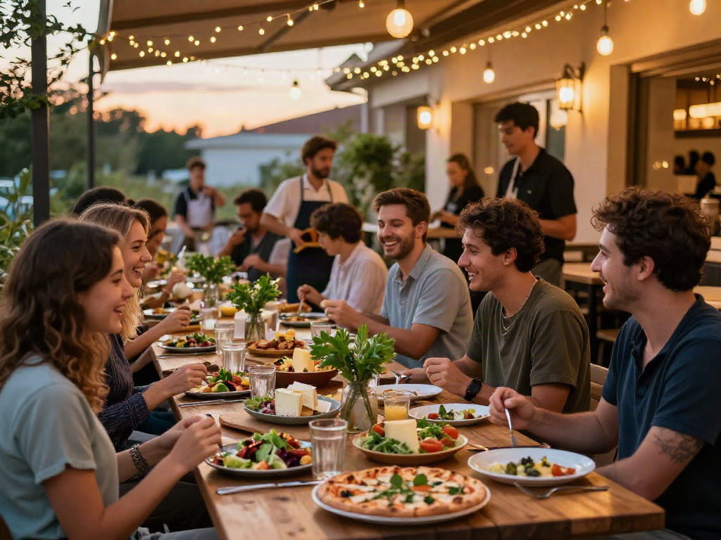 Outdoor dining experience at a cozy restaurant showcasing kebuntoto dishes and warm atmosphere.