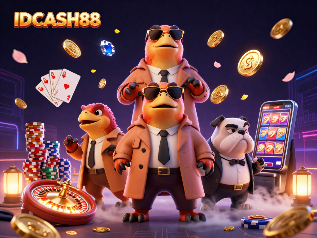 Experience the excitement of IDCASH88 slots with thrilling raptors at a casino lounge entrance.