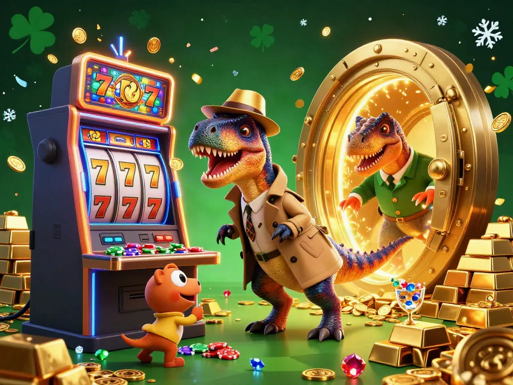Experience slot pulsa excitement with vibrant slot machines and a stealing compy in a casino scene.
