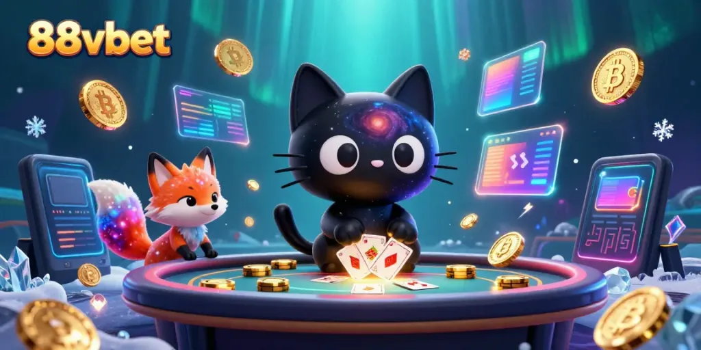 Experience the thrill of 88vbet while spinning the cosmic casino table with vibrant characters and floating crypto coins.