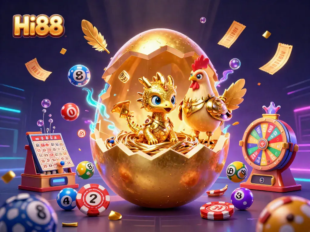 Hi88 showcases thrilling gaming excitement with a baby dragon and poker chips in a vibrant casino setting.